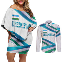 Uzbekistan Couples Matching Off Shoulder Short Dress and Long Sleeve Button Shirt with Ribbon Wave Design - Wonder Print Shop
