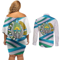 Uzbekistan Couples Matching Off Shoulder Short Dress and Long Sleeve Button Shirt with Ribbon Wave Design - Wonder Print Shop