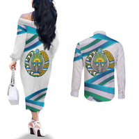 Uzbekistan Couples Matching Off The Shoulder Long Sleeve Dress and Long Sleeve Button Shirt with Ribbon Wave Design - Wonder Print Shop
