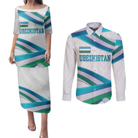 Uzbekistan Couples Matching Puletasi and Long Sleeve Button Shirt with Ribbon Wave Design - Wonder Print Shop