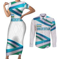 Uzbekistan Couples Matching Short Sleeve Bodycon Dress and Long Sleeve Button Shirt with Ribbon Wave Design - Wonder Print Shop