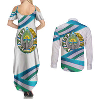 Uzbekistan Couples Matching Summer Maxi Dress and Long Sleeve Button Shirt with Ribbon Wave Design - Wonder Print Shop