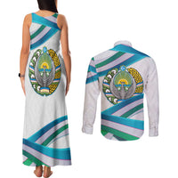 Uzbekistan Couples Matching Tank Maxi Dress and Long Sleeve Button Shirt with Ribbon Wave Design - Wonder Print Shop