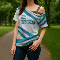 Uzbekistan Cross Shoulder Shirt with Ribbon Wave Design - Wonder Print Shop