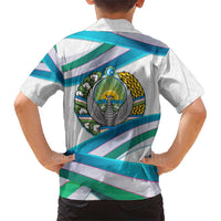 Uzbekistan Family Matching Short Sleeve Bodycon Dress and Hawaiian Shirt with Ribbon Wave Design - Wonder Print Shop