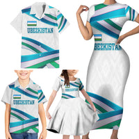 Uzbekistan Family Matching Short Sleeve Bodycon Dress and Hawaiian Shirt with Ribbon Wave Design - Wonder Print Shop
