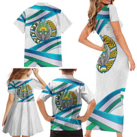 Uzbekistan Family Matching Short Sleeve Bodycon Dress and Hawaiian Shirt with Ribbon Wave Design - Wonder Print Shop