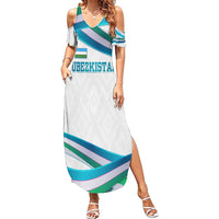 Uzbekistan Family Matching Summer Maxi Dress and Hawaiian Shirt with Ribbon Wave Design - Wonder Print Shop