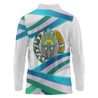 Uzbekistan Long Sleeve Polo Shirt with Ribbon Wave Design - Wonder Print Shop