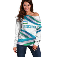 Uzbekistan Off Shoulder Sweater with Ribbon Wave Design - Wonder Print Shop