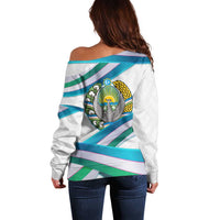 Uzbekistan Off Shoulder Sweater with Ribbon Wave Design - Wonder Print Shop
