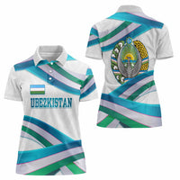 Uzbekistan Women Polo Shirt with Ribbon Wave Design - Wonder Print Shop