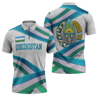Uzbekistan Zipper Polo Shirt with Ribbon Wave Design - Wonder Print Shop