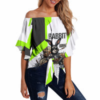 Rabbit Powered By Hay And Attitude Off Shoulder Wrap Waist Top Funny Sarcastic Bunny Diagram Graphic Art