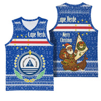 Cape Verde Christmas Basketball Jersey with Blue Festive Pattern Sailing Santa and National Emblem Motif - Wonder Print Shop