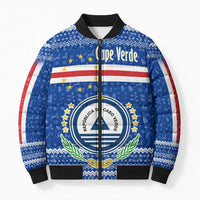Cape Verde Christmas Bomber Puffer Jacket with Blue Festive Pattern Sailing Santa and National Emblem Motif - Wonder Print Shop
