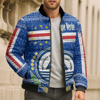 Cape Verde Christmas Bomber Puffer Jacket with Blue Festive Pattern Sailing Santa and National Emblem Motif - Wonder Print Shop