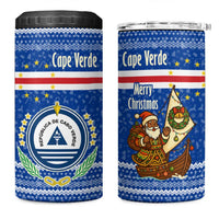 Cape Verde Christmas 4 in 1 Can Cooler Tumbler with Blue Festive Pattern Sailing Santa and National Emblem Motif - Wonder Print Shop
