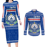 Cape Verde Christmas Couples Matching Long Sleeve Bodycon Dress and Long Sleeve Button Shirt with Blue Festive Pattern Sailing Santa and National Emblem Motif - Wonder Print Shop