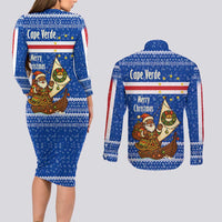 Cape Verde Christmas Couples Matching Long Sleeve Bodycon Dress and Long Sleeve Button Shirt with Blue Festive Pattern Sailing Santa and National Emblem Motif - Wonder Print Shop
