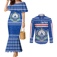 Cape Verde Christmas Couples Matching Mermaid Dress and Long Sleeve Button Shirt with Blue Festive Pattern Sailing Santa and National Emblem Motif - Wonder Print Shop