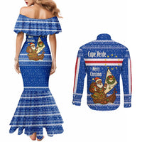 Cape Verde Christmas Couples Matching Mermaid Dress and Long Sleeve Button Shirt with Blue Festive Pattern Sailing Santa and National Emblem Motif - Wonder Print Shop