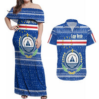 Cape Verde Christmas Couples Matching Off Shoulder Maxi Dress and Hawaiian Shirt with Blue Festive Pattern Sailing Santa and National Emblem Motif - Wonder Print Shop