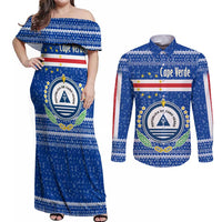 Cape Verde Christmas Couples Matching Off Shoulder Maxi Dress and Long Sleeve Button Shirt with Blue Festive Pattern Sailing Santa and National Emblem Motif - Wonder Print Shop