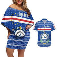 Cape Verde Christmas Couples Matching Off Shoulder Short Dress and Hawaiian Shirt with Blue Festive Pattern Sailing Santa and National Emblem Motif - Wonder Print Shop