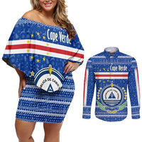Cape Verde Christmas Couples Matching Off Shoulder Short Dress and Long Sleeve Button Shirt with Blue Festive Pattern Sailing Santa and National Emblem Motif - Wonder Print Shop