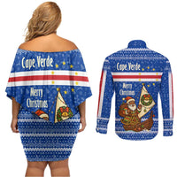 Cape Verde Christmas Couples Matching Off Shoulder Short Dress and Long Sleeve Button Shirt with Blue Festive Pattern Sailing Santa and National Emblem Motif - Wonder Print Shop