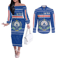 Cape Verde Christmas Couples Matching Off The Shoulder Long Sleeve Dress and Long Sleeve Button Shirt with Blue Festive Pattern Sailing Santa and National Emblem Motif - Wonder Print Shop