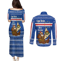 Cape Verde Christmas Couples Matching Puletasi and Long Sleeve Button Shirt with Blue Festive Pattern Sailing Santa and National Emblem Motif - Wonder Print Shop