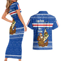 Cape Verde Christmas Couples Matching Short Sleeve Bodycon Dress and Hawaiian Shirt with Blue Festive Pattern Sailing Santa and National Emblem Motif - Wonder Print Shop