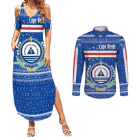 Cape Verde Christmas Couples Matching Summer Maxi Dress and Long Sleeve Button Shirt with Blue Festive Pattern Sailing Santa and National Emblem Motif - Wonder Print Shop