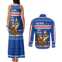 Cape Verde Christmas Couples Matching Tank Maxi Dress and Long Sleeve Button Shirt with Blue Festive Pattern Sailing Santa and National Emblem Motif - Wonder Print Shop