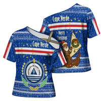 Cape Verde Christmas Cross Shoulder Shirt with Blue Festive Pattern Sailing Santa and National Emblem Motif - Wonder Print Shop