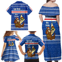 Cape Verde Christmas Family Matching Off Shoulder Maxi Dress and Hawaiian Shirt with Blue Festive Pattern Sailing Santa and National Emblem Motif - Wonder Print Shop