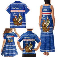 Cape Verde Christmas Family Matching Tank Maxi Dress and Hawaiian Shirt with Blue Festive Pattern Sailing Santa and National Emblem Motif - Wonder Print Shop