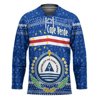 Cape Verde Christmas Hockey Jersey with Blue Festive Pattern Sailing Santa and National Emblem Motif - Wonder Print Shop