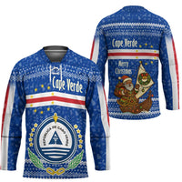 Cape Verde Christmas Hockey Jersey with Blue Festive Pattern Sailing Santa and National Emblem Motif - Wonder Print Shop