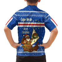 Cape Verde Christmas Kid Hawaiian Shirt with Blue Festive Pattern Sailing Santa and National Emblem Motif - Wonder Print Shop