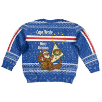Cape Verde Christmas Kid Ugly Christmas Sweater with Blue Festive Pattern Sailing Santa and National Emblem Motif - Wonder Print Shop