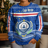 Cape Verde Christmas Kid Ugly Christmas Sweater with Blue Festive Pattern Sailing Santa and National Emblem Motif - Wonder Print Shop