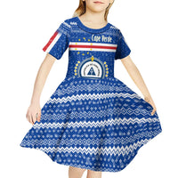 Cape Verde Christmas Kid Short Sleeve Dress with Blue Festive Pattern Sailing Santa and National Emblem Motif - Wonder Print Shop