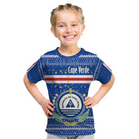 Cape Verde Christmas Kid T Shirt with Blue Festive Pattern Sailing Santa and National Emblem Motif - Wonder Print Shop