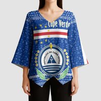 Cape Verde Christmas Kimono Sleeve Blouse with Blue Festive Pattern Sailing Santa and National Emblem Motif - Wonder Print Shop
