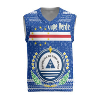 Cape Verde Christmas Knitted V-Neck Vest with Blue Festive Pattern Sailing Santa and National Emblem Motif - Wonder Print Shop