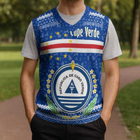 Cape Verde Christmas Knitted V-Neck Vest with Blue Festive Pattern Sailing Santa and National Emblem Motif - Wonder Print Shop