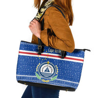 Cape Verde Christmas Leather Tote Bag with Blue Festive Pattern Sailing Santa and National Emblem Motif - Wonder Print Shop